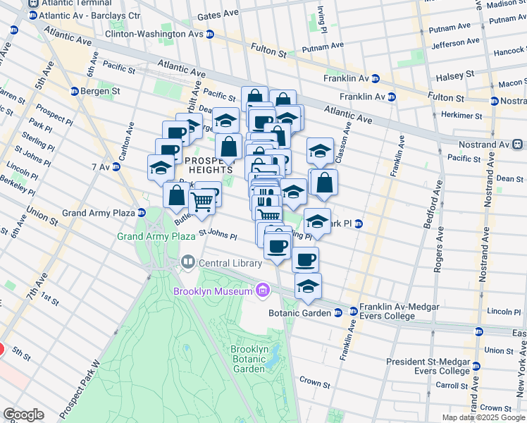 map of restaurants, bars, coffee shops, grocery stores, and more near 748 Washington Avenue in Brooklyn