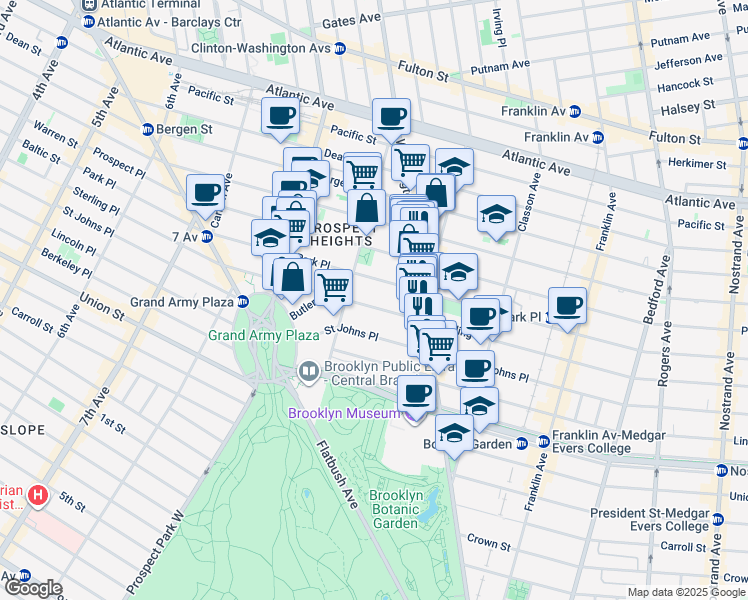 map of restaurants, bars, coffee shops, grocery stores, and more near 398 Park Place in Brooklyn