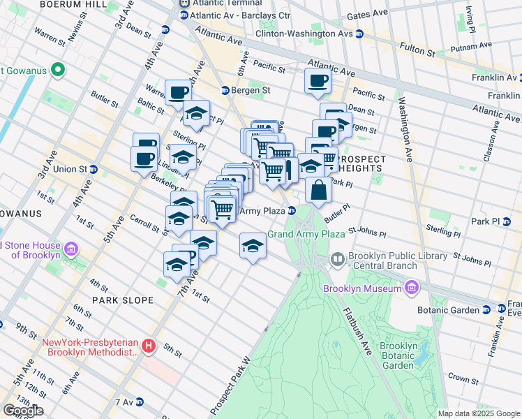 map of restaurants, bars, coffee shops, grocery stores, and more near 232 Saint Johns Place in Brooklyn