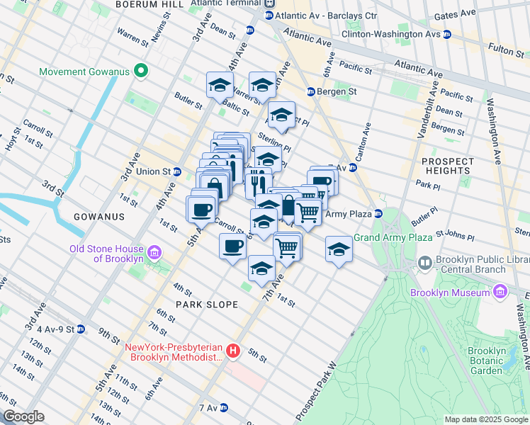 map of restaurants, bars, coffee shops, grocery stores, and more near 740A Union Street in Brooklyn