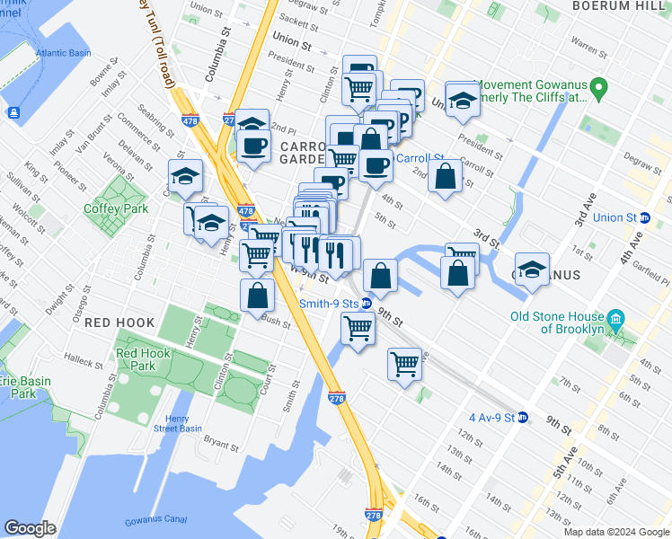 map of restaurants, bars, coffee shops, grocery stores, and more near 204 Huntington Street in Brooklyn