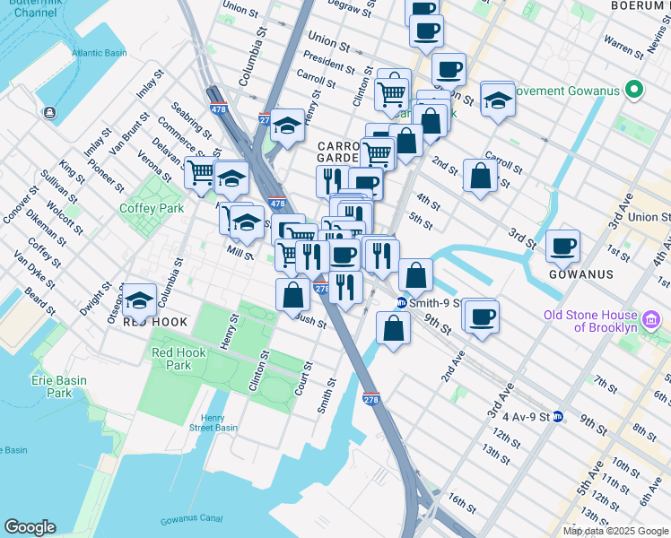 map of restaurants, bars, coffee shops, grocery stores, and more near 519 Court Street in Brooklyn