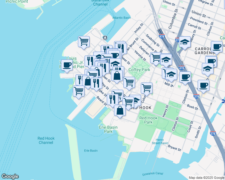 map of restaurants, bars, coffee shops, grocery stores, and more near 78 Coffey Street in Brooklyn