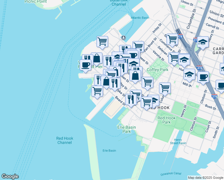 map of restaurants, bars, coffee shops, grocery stores, and more near 405 Van Brunt Street in Brooklyn