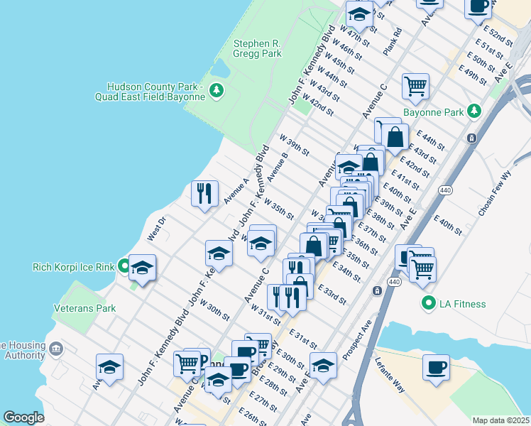 map of restaurants, bars, coffee shops, grocery stores, and more near 84 West 35th Street in Bayonne