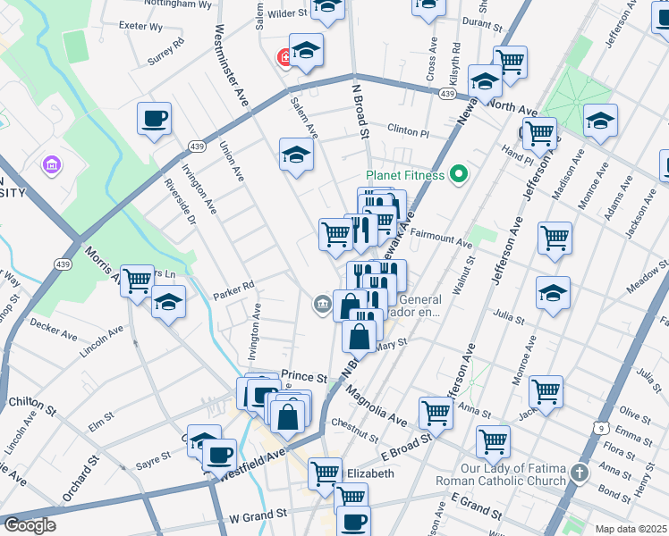 map of restaurants, bars, coffee shops, grocery stores, and more near 552 Westminster Avenue in Elizabeth