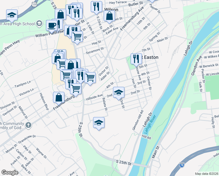 map of restaurants, bars, coffee shops, grocery stores, and more near 2311 3rd Street in Easton