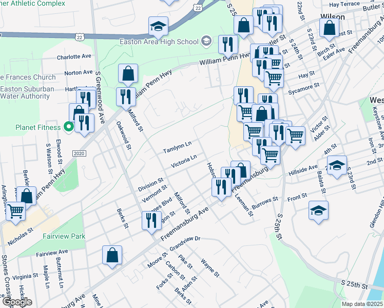 map of restaurants, bars, coffee shops, grocery stores, and more near 2713 Victoria Lane in Easton