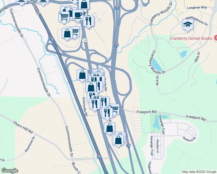 map of restaurants, bars, coffee shops, grocery stores, and more near 1203 Dutilh Road in Cranberry Township