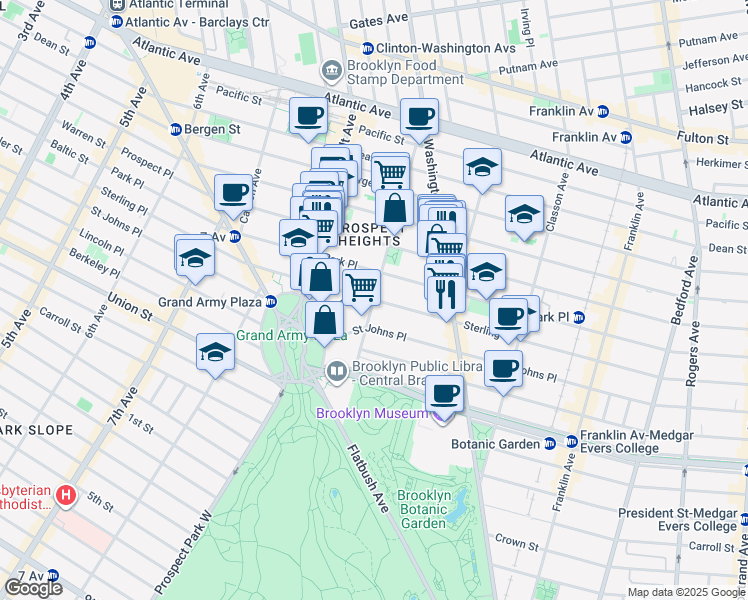 map of restaurants, bars, coffee shops, grocery stores, and more near Sterling Pl & Underhill Ave in Brooklyn