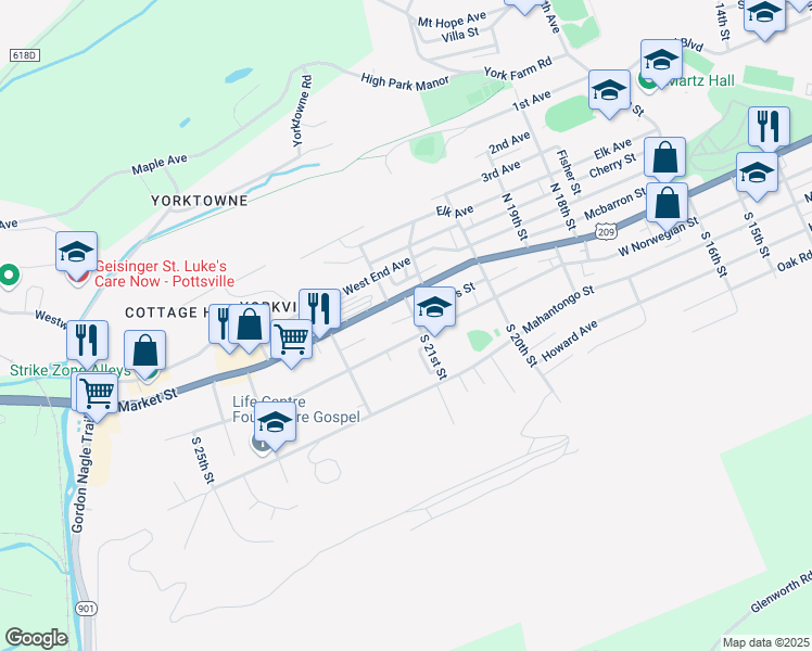 map of restaurants, bars, coffee shops, grocery stores, and more near 2100 West Norwegian Street in Pottsville
