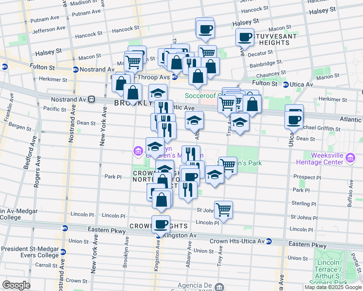 map of restaurants, bars, coffee shops, grocery stores, and more near 1346 Bergen Street in Brooklyn