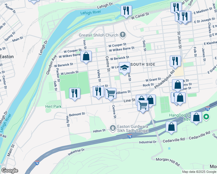 map of restaurants, bars, coffee shops, grocery stores, and more near 708 West Grant Street in Easton