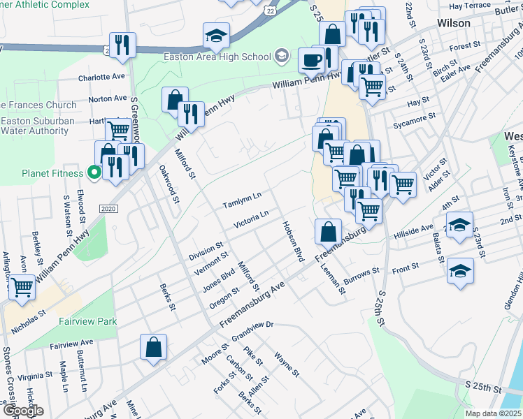 map of restaurants, bars, coffee shops, grocery stores, and more near 2713 Victoria Lane in Easton