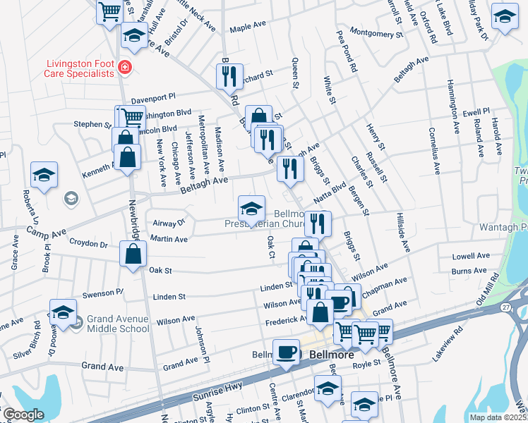 map of restaurants, bars, coffee shops, grocery stores, and more near 2627 Natta Boulevard in Bellmore