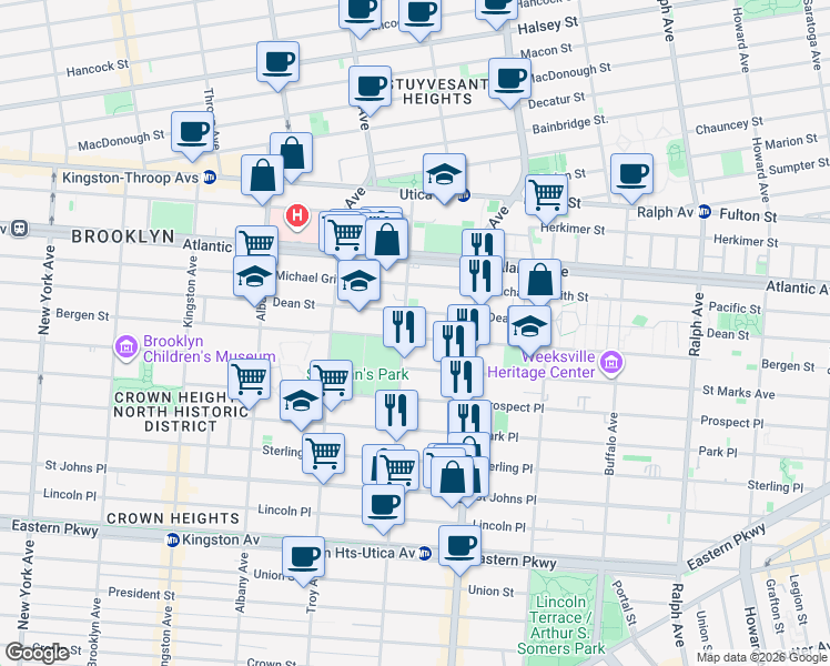 map of restaurants, bars, coffee shops, grocery stores, and more near 1535 Bergen Street in Brooklyn