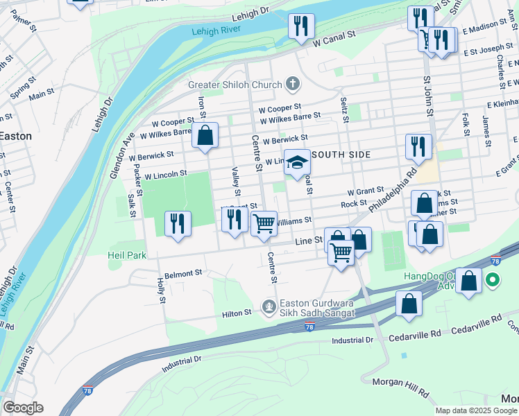 map of restaurants, bars, coffee shops, grocery stores, and more near 708 West Grant Street in Easton