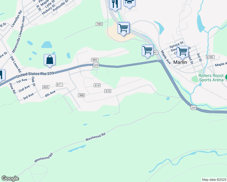 map of restaurants, bars, coffee shops, grocery stores, and more near 1048 Maple Street in Pottsville