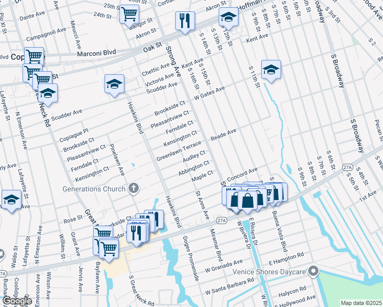 map of restaurants, bars, coffee shops, grocery stores, and more near 309 Audley Court in Copiague