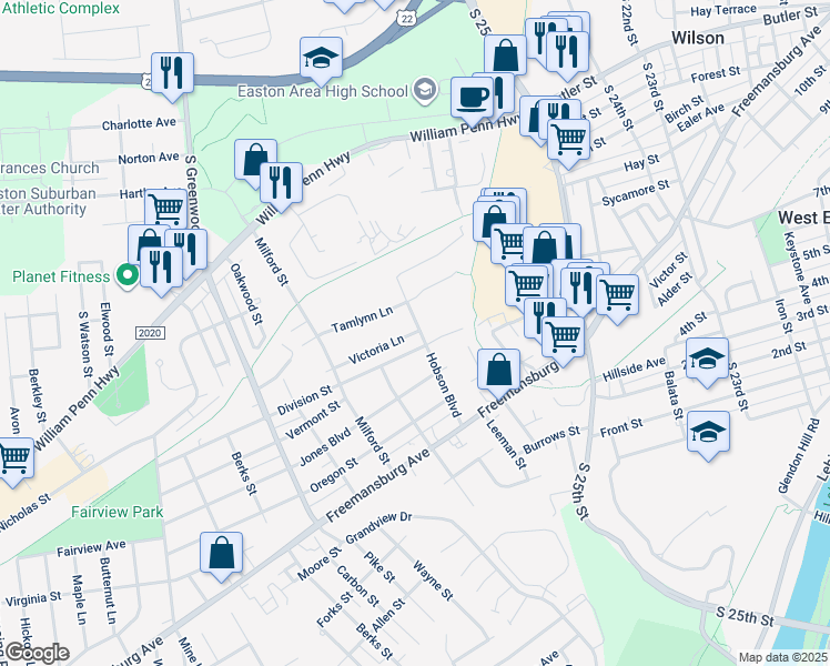 map of restaurants, bars, coffee shops, grocery stores, and more near 2678 Victoria Lane in Easton