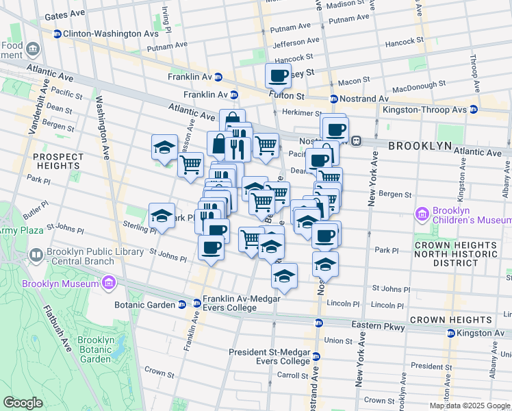 map of restaurants, bars, coffee shops, grocery stores, and more near 596 Saint Marks Avenue in Brooklyn