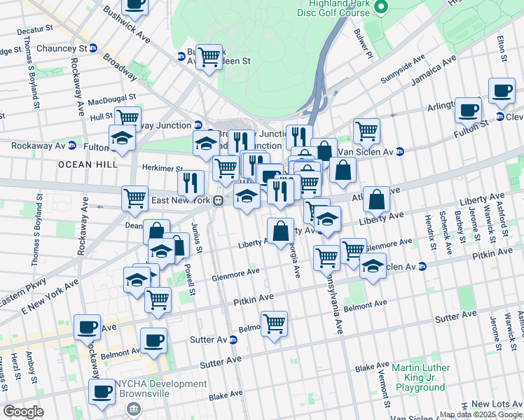 map of restaurants, bars, coffee shops, grocery stores, and more near 2550 Atlantic Avenue in Brooklyn
