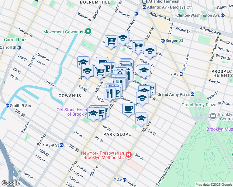 map of restaurants, bars, coffee shops, grocery stores, and more near 607 Carroll Street in Brooklyn