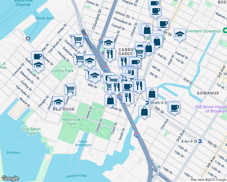 map of restaurants, bars, coffee shops, grocery stores, and more near 316 Hamilton Avenue in Brooklyn