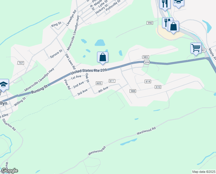 map of restaurants, bars, coffee shops, grocery stores, and more near 4th Avenue in Schuylkill County