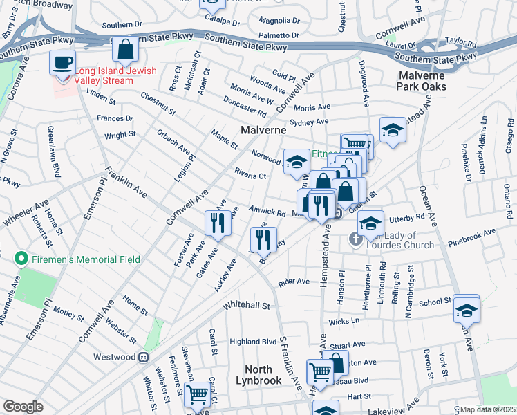 map of restaurants, bars, coffee shops, grocery stores, and more near 15 Ogston Terrace in Malverne