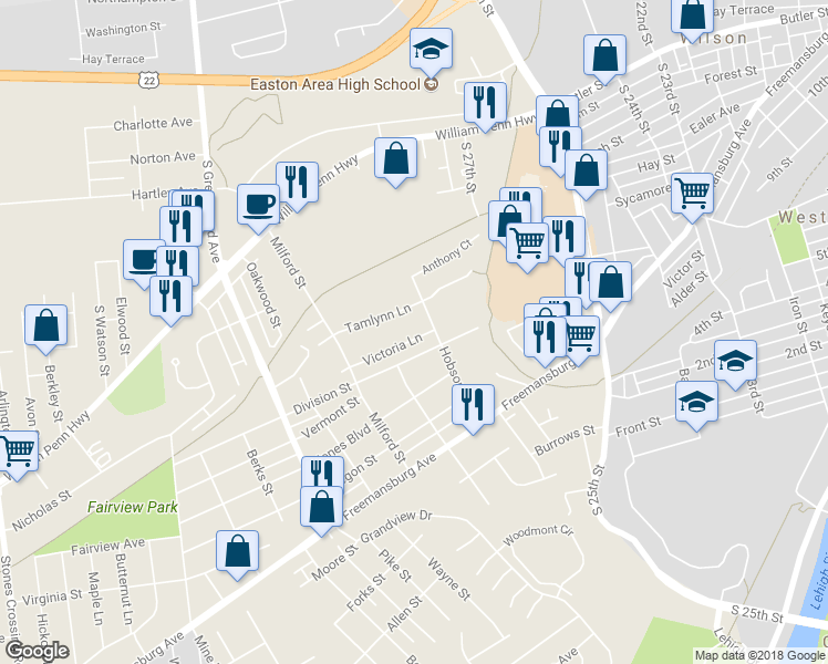 map of restaurants, bars, coffee shops, grocery stores, and more near 2713 Victoria Lane in Easton