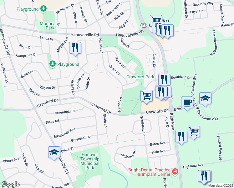 map of restaurants, bars, coffee shops, grocery stores, and more near 4401 Harriet Lane in Bethlehem