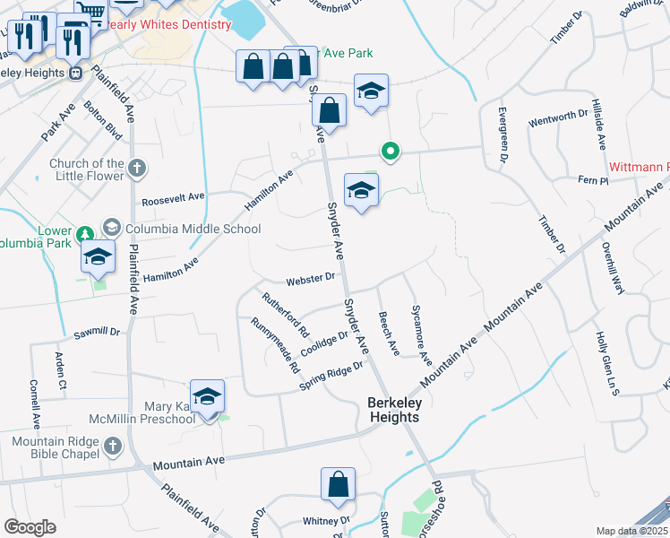 map of restaurants, bars, coffee shops, grocery stores, and more near 5 Webster Drive in Berkeley Heights