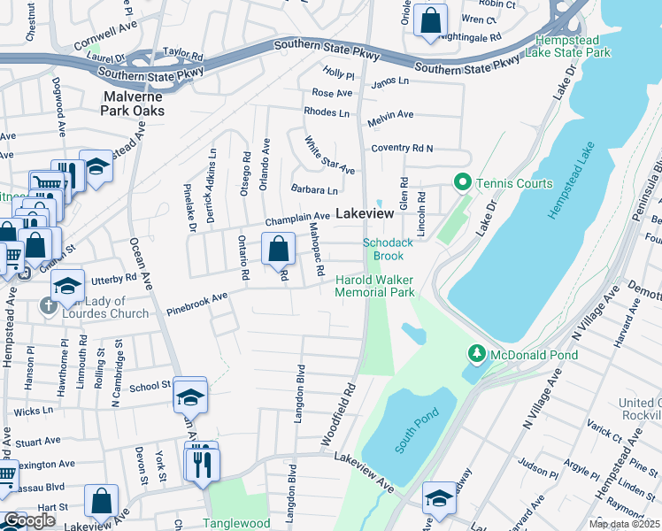 map of restaurants, bars, coffee shops, grocery stores, and more near 11 Scaneateles Avenue in West Hempstead