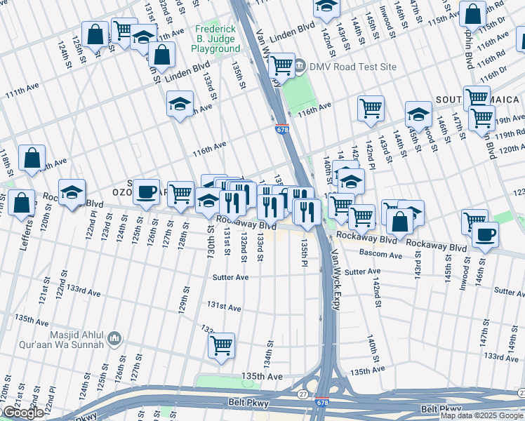 map of restaurants, bars, coffee shops, grocery stores, and more near 134-03 120th Avenue in Queens
