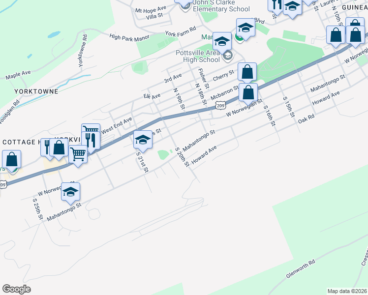 map of restaurants, bars, coffee shops, grocery stores, and more near 1952 Mahantongo Street in Pottsville