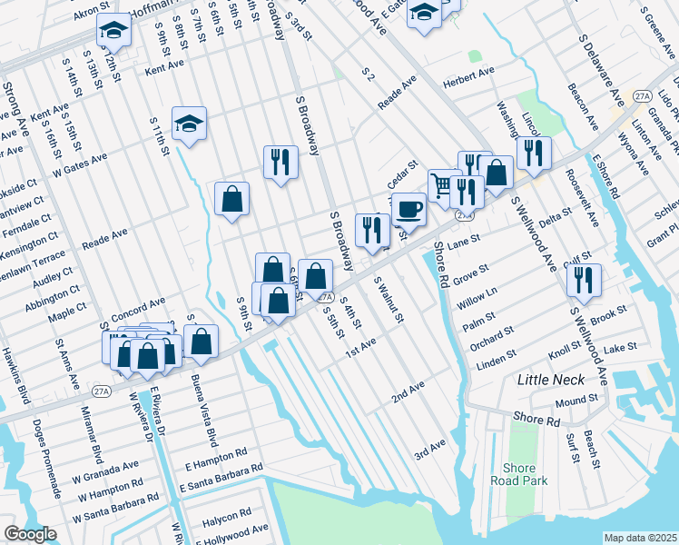 map of restaurants, bars, coffee shops, grocery stores, and more near 111 Spruce Street in Lindenhurst
