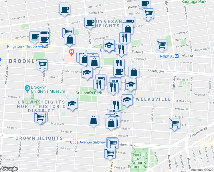 map of restaurants, bars, coffee shops, grocery stores, and more near 1555 Bergen Street in Brooklyn
