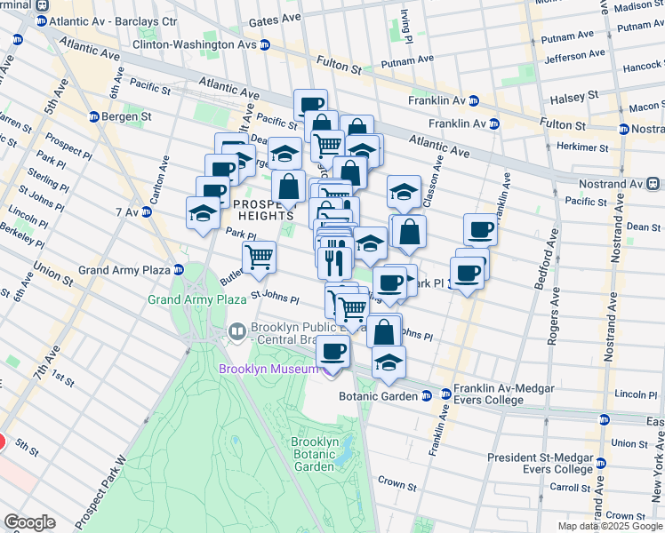 map of restaurants, bars, coffee shops, grocery stores, and more near 748 Washington Avenue in Brooklyn