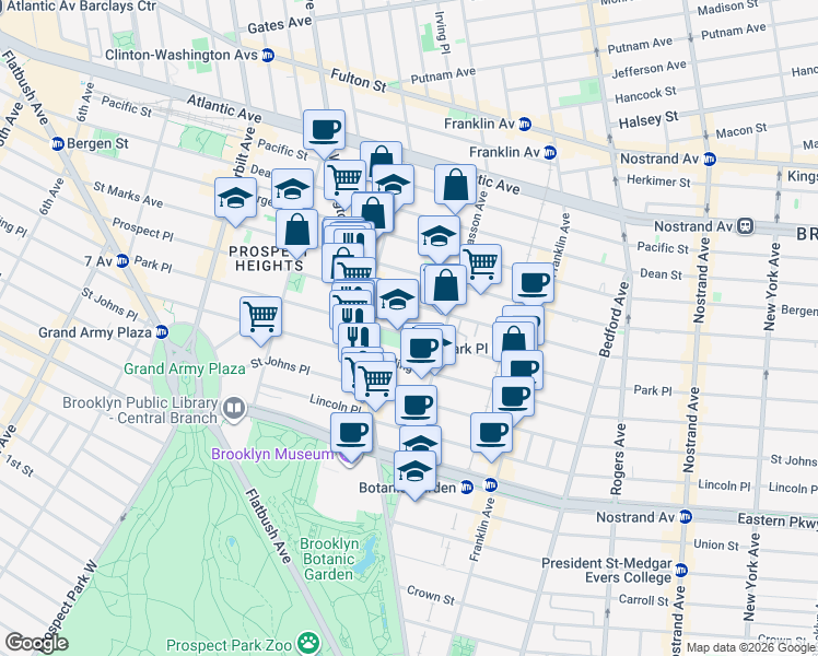 map of restaurants, bars, coffee shops, grocery stores, and more near 495 Park Place in Brooklyn