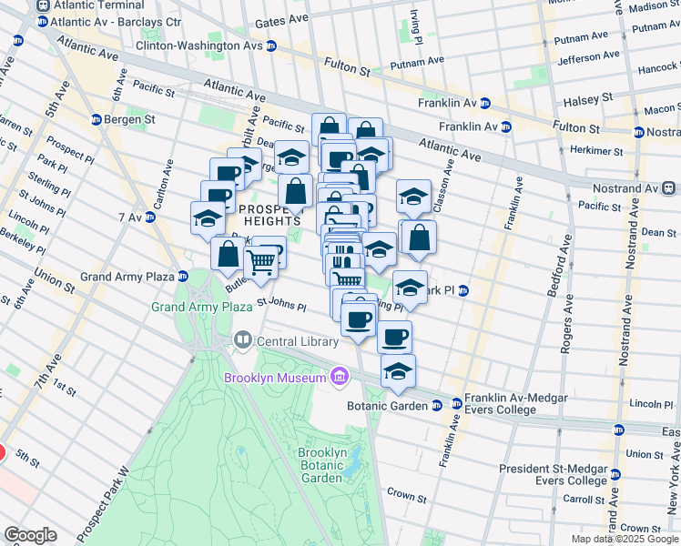map of restaurants, bars, coffee shops, grocery stores, and more near 748 Washington Avenue in Brooklyn