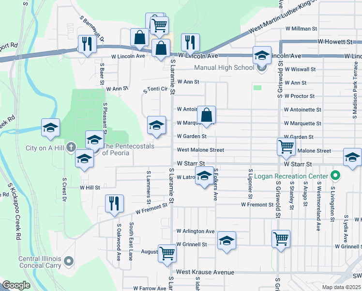 map of restaurants, bars, coffee shops, grocery stores, and more near 3027 W Malone St in Peoria