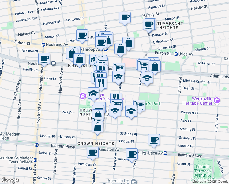 map of restaurants, bars, coffee shops, grocery stores, and more near 1362A Bergen Street in Brooklyn