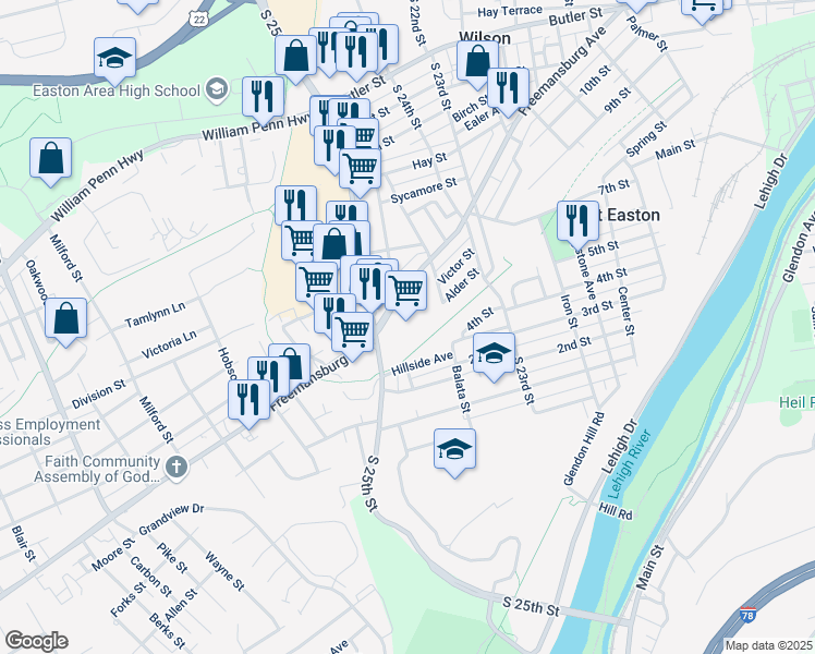 map of restaurants, bars, coffee shops, grocery stores, and more near 1120 South 25th Street in Easton