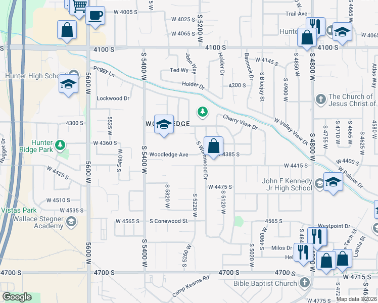 map of restaurants, bars, coffee shops, grocery stores, and more near 5232 Woodledge Avenue in West Valley City
