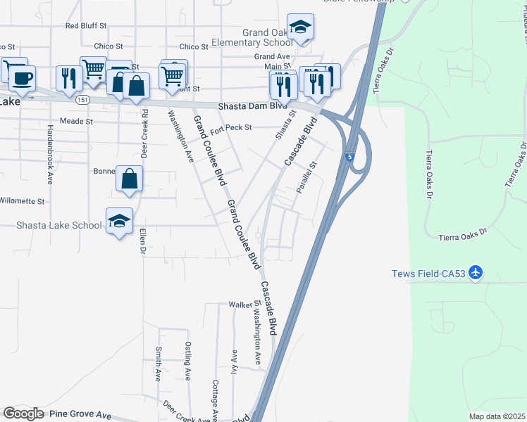 map of restaurants, bars, coffee shops, grocery stores, and more near 2012 Cascade Boulevard in Shasta Lake