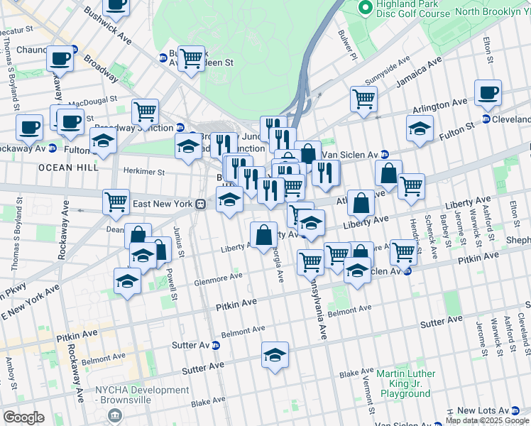 map of restaurants, bars, coffee shops, grocery stores, and more near 2582 Atlantic Avenue in Brooklyn