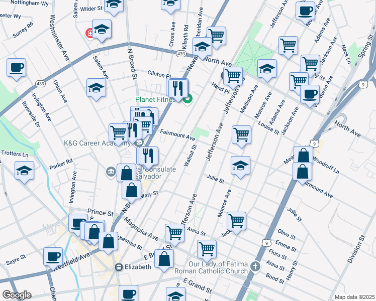 map of restaurants, bars, coffee shops, grocery stores, and more near 580 Walnut St in Elizabeth