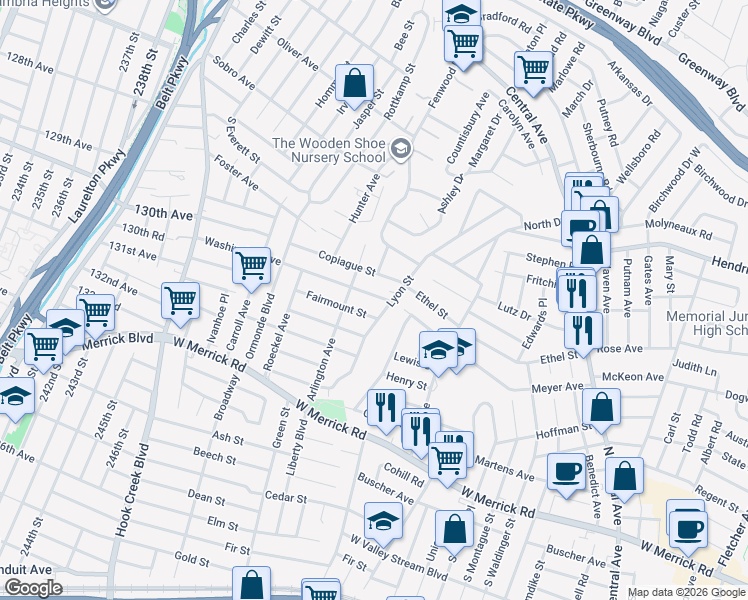 map of restaurants, bars, coffee shops, grocery stores, and more near 176 Washington Avenue in Valley Stream