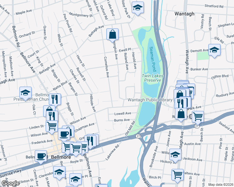 map of restaurants, bars, coffee shops, grocery stores, and more near 1822 Hannington Avenue in Wantagh